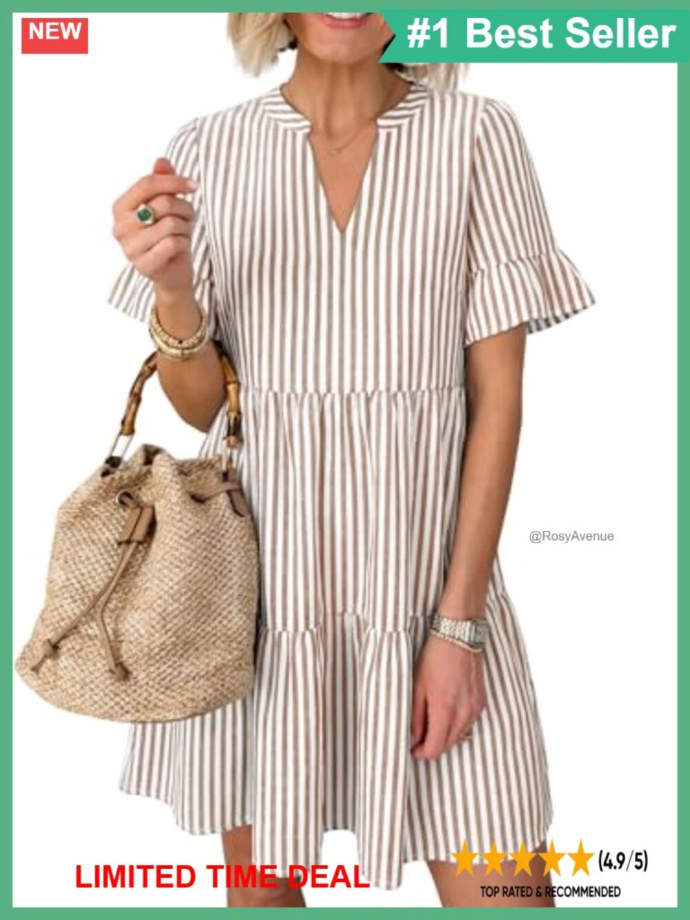 Striped Ruffle Sleeve V Neck Mini Dress Tiered A-Line Loose Fit Summer